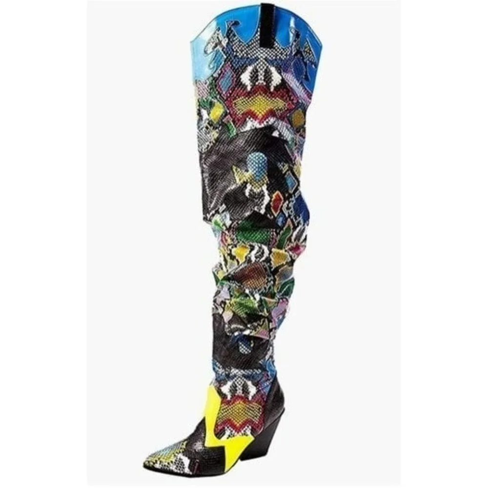 Snakeskin Print Cowboy Boots Western Neon‎ Yellow Accents Trendy Colorful